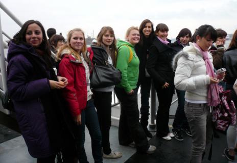 Myself and my host Agnes to the left in this photo. We and all the other students are on our way to Djurgarden.