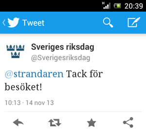 Kul att @Sverigesriksdag uppskattar vårt besök och twittrandet som vi gjorde under själva besöket.